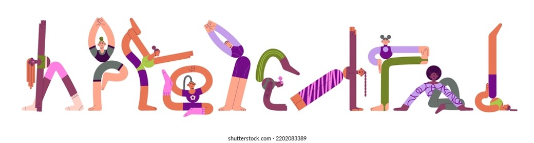 Girls exercise set. Women in asanas, yoga poses. Flexible people training, stretching in different positions, plastic postures of body workout. Flat vector illustrations isolated on white background