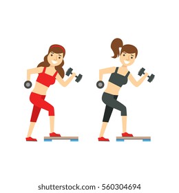 Girls Exercising With Dumbbells, Member Of The Fitness Club Working Out And Exercising In Trendy Sportswear