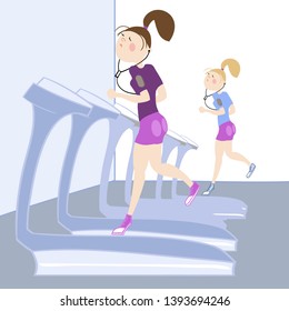 Girls exercising in the gym, cardiovascular exercise, running on a treadmill, color vector illustration for sports complex advertising