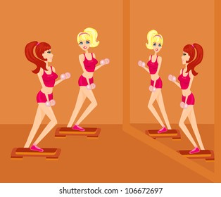 girls exercising with two dumbbell weights