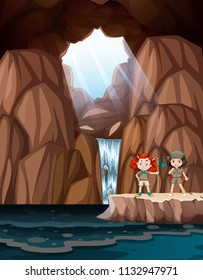 Girls exploring a cave with waterfall illustration