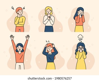 The girls are expressing various emotions. flat design style minimal vector illustration.
