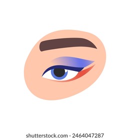 Mädchenauge mit blauem und rotem Lidschatten und Eyeliner, kreative Make-up-Vektorillustration