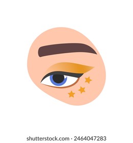 Girls eye with with glamour gold eyeshadow and stars, makeup for disco music party vector illustration