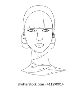 Girl's face after plastic surgery. Ironic hand-drawn illustration. Black and white portrait. Beautiful woman.