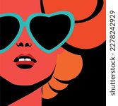 girl's face in bright and stylish sunglasses, bright girl, sunglasses in the form of a heart
