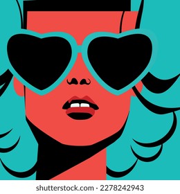 girl's face in bright and stylish sunglasses, bright girl, sunglasses in the form of a heart
