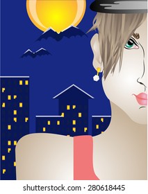 girl's face close-up on a background of the city at night