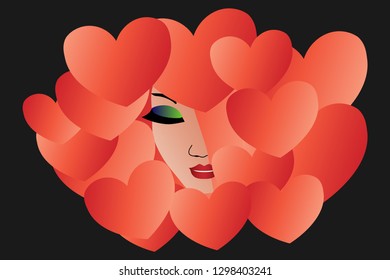 The girl's face in a cloud of red hearts on a black background. Valentine card. For Valentine's Day.