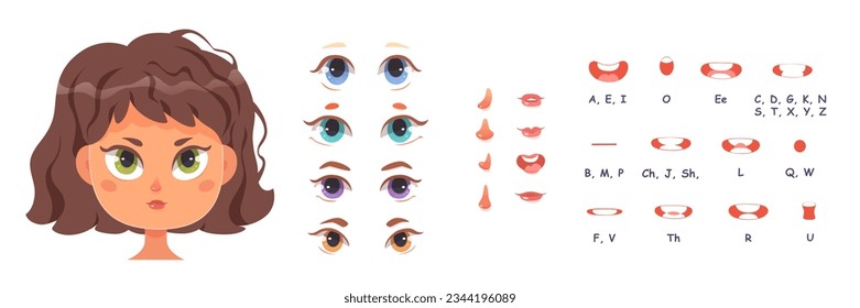 Girls face constructor and mouth animation of sound pronunciation vector illustration. Cartoon isolated cute female characters head avatar, lip sync collection and different facial expressions