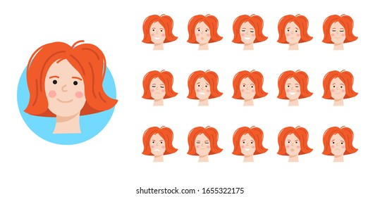 a girl's face with different emotions. Joy, anger, surprise, sadness, rage, smile, shock. Avatar for the social network. The head of a female character with 16 different expressions.