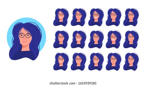 a girl's face with different emotions. Joy, anger, surprise, sadness, rage, smile, shock. Avatar for the social network. The head of a female character with 16 different expressions.