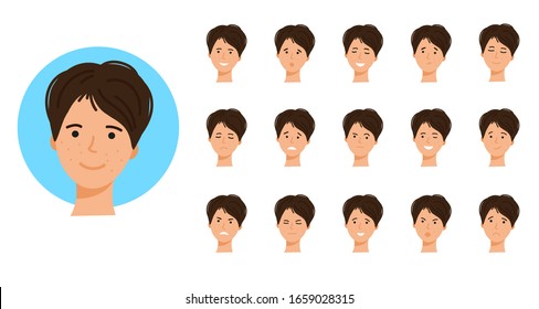 A Girl's Face With Different Emotions. Joy, Anger, Surprise, Sadness, Rage, Smile, Shock. Avatar For The Social Network. The Head Of A Female Character With 16 Different Expressions.