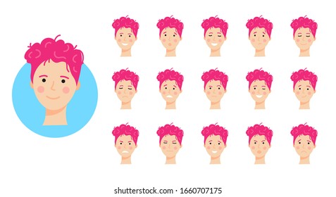 a girl's face with different emotions. Joy, anger, surprise, sadness, rage, smile, shock. Avatar for the social network. The head of a female character with 16 different expressions.