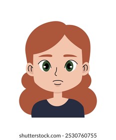 Girls face with emotion. Cute teen thinking. User avatar for social networks and messengers. Pensive teenager with brown hair. Flat vector illustration isolated on white background