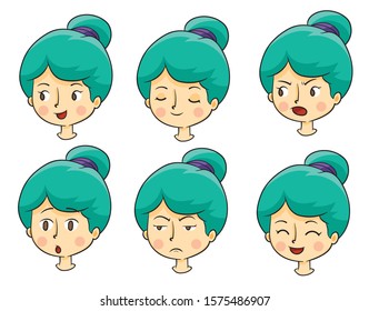 A girl's face with expressions and feelings. Green hair