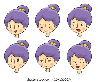 A girl's face with expressions and feelings. Purple hair