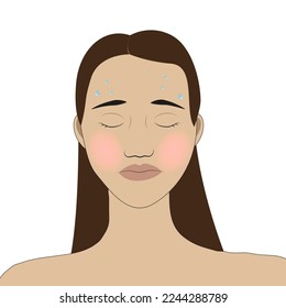 The girl's face is in a feverish state with pink cheeks and drops of sweat on her forehead. Vector illustration