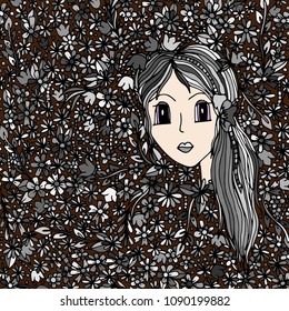 The girl's face in flowers. The vector illustration, a sketch drawn by hand