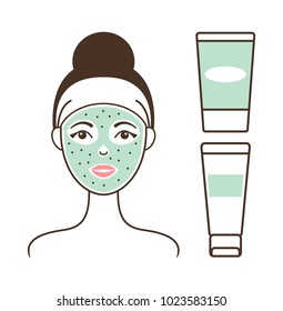 Girl`s face with green mask vector illustration of smiling woman with scrub and cute bandage, two cream vials, banner isolated on white background