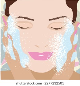 The girl's face, hands. Eyes closed. Facial care. Skin cleansing