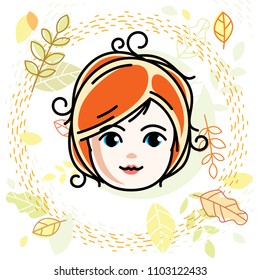 Girls face, human head. Vector character, beautiful red-haired teenager with stylish haircut.