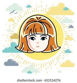 Girls face, human head. Vector character, beautiful red-haired teenager with stylish haircut.