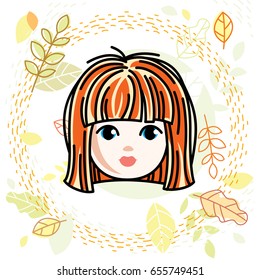 Girls face, human head. Vector character, beautiful red-haired teenager with stylish haircut.