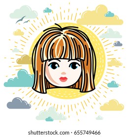 Girls face, human head. Vector character, beautiful red-haired teenager with stylish haircut.