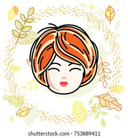 Girls face, human head. Vector character, beautiful red-haired teenager with stylish haircut.
