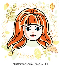 Girls face, human head. Vector character, beautiful red-haired teenager with stylish haircut.