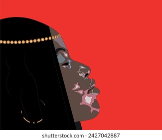 Girl's face with jewelry. She stands sideways, with her eyes closed, against a monochrome background. Vector image EPS10.