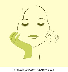 Girl's face with long eyelashes and her hands. Green outline on light background
