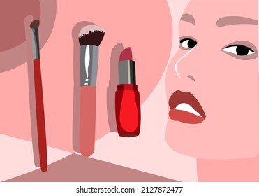 Girl's face with makeup. Lipstick, powder and shadow brush. Logo. Banner. Template for beauty and fashion logos. Vector flat illustration.