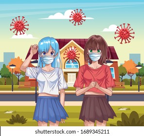 girls with face masks and covid19 particles outside the house vector illustration design