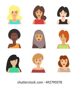 Girls Face Nationality Set. Different Woman People Race. Flat Design Style. Vector illustration of Faces American, Arabian, Asian, Caucasian, European, African Women Faces