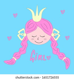 A girl's face with pigtails on a blue background. For pattern, postcards, decorations.