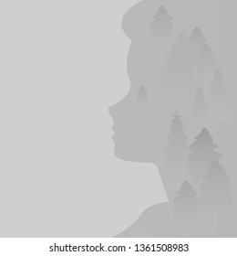 The girl's face in profile. Double image of face and nature. Monochrome Image inside the picture