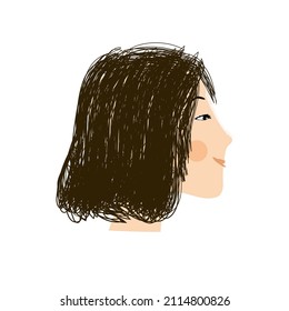 Girl's face in profile. Vector illustration with a brunette under a bob for design.