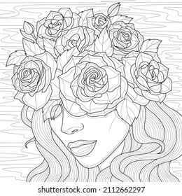 Girl's face and roses on her head.Coloring book antistress for children and adults. Illustration isolated on white background. Zen-tangle style. Hand draw