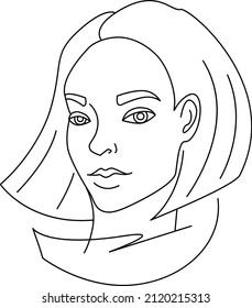 Girl's face with short haircut, linear drawing, black outline on the white background, monochrome, coloring