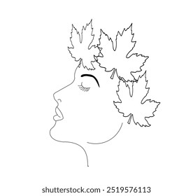 girl's face sideways with maple leaves black outline on a white background 