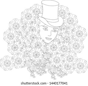 The girl's face in a top hat looks out of flowers. Zenart. Anti stress coloring .
