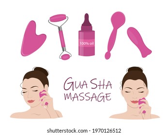 The girl's face is in two versions with a tool in her hand for Gouache massage. Set of tools for facial massage. A design element. EPS10.
