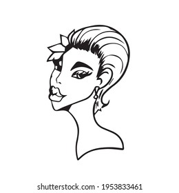 The girl's face. Vector design on a white isolated background for banners and postcards.Sketch coloring book