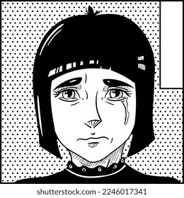 Girl's face with vivid facial expression and big eyes in manga style. Black and white vector design for t-shirt print. Anime poster. Emotions, art, creativity