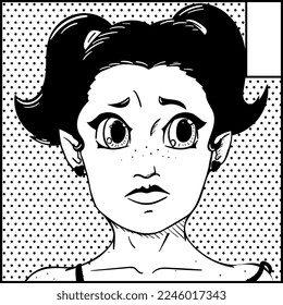 Girl's face with vivid facial expression and big eyes in manga style. Black and white vector design for t-shirt print. Anime poster. Emotions, art, creativity. Copy space for ad