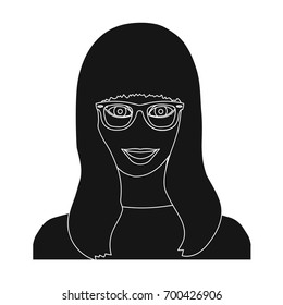 The girl's face is wearing glasses. Face and appearance single icon in black style vector symbol stock illustration web.