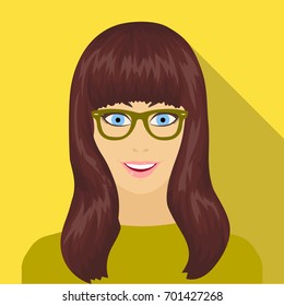 The girl's face is wearing glasses. Face and appearance single icon in flat style vector symbol stock illustration web.