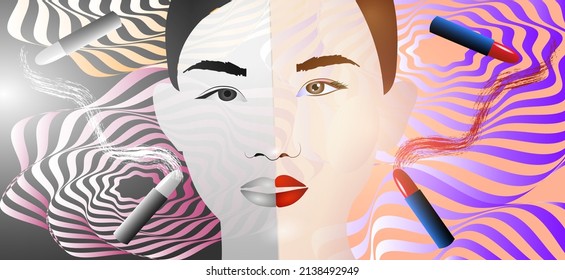 Cara de chica con y sin maquillaje. Plantilla para salón de belleza u otros servicios